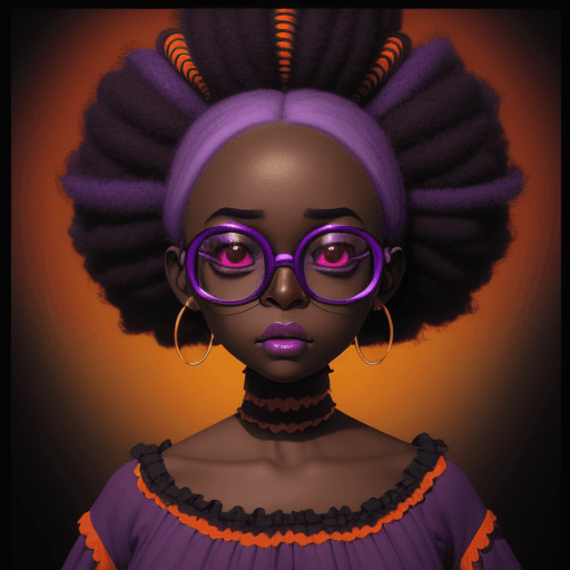 AI generated: dark skinned Nigerian cartoon girl with glasses, purple, in the style of natalie shau, black, orange...