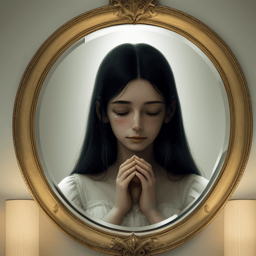 AI generated: A reflection in a beautiful antique mirror of a sad woman with her graceful hands placed over her he...
