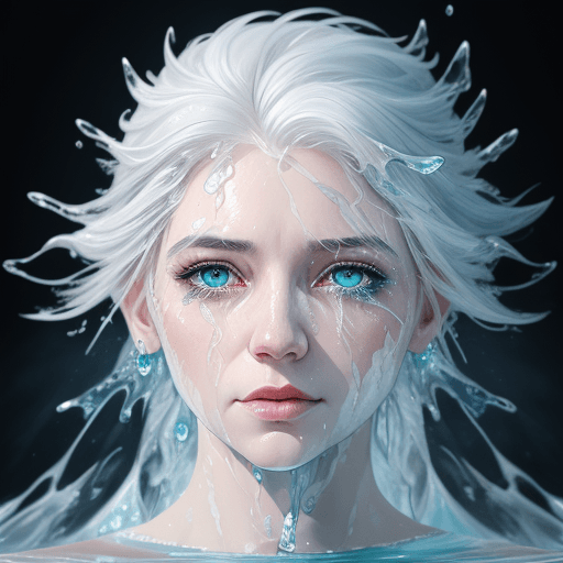 AI generated: A half body portrait of a woman made of water and ice, half body is submerged in ice, white hair dep...