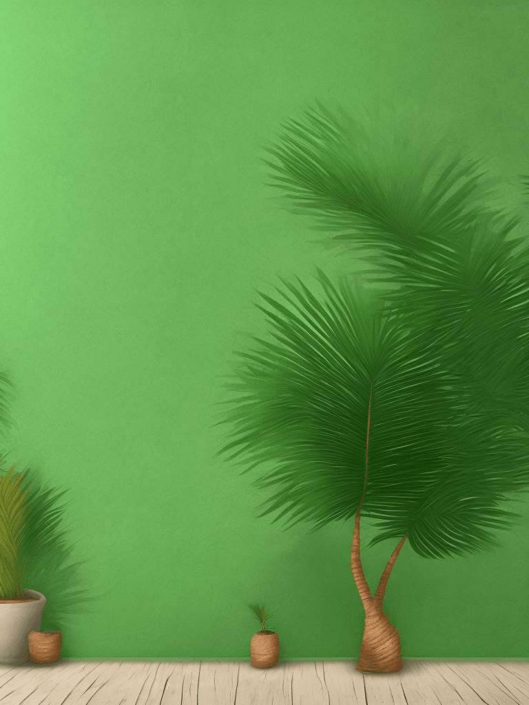 AI generated: a realistic single palm in front of the artwork (in the middle) on a smooth green lofi background, h...