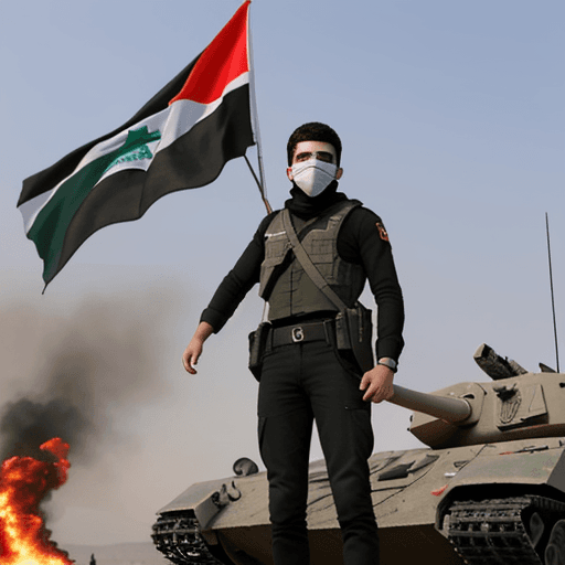AI generated: A young Palestinian resistance man, masked, next to a burning military tank, explosions. (Raising th...