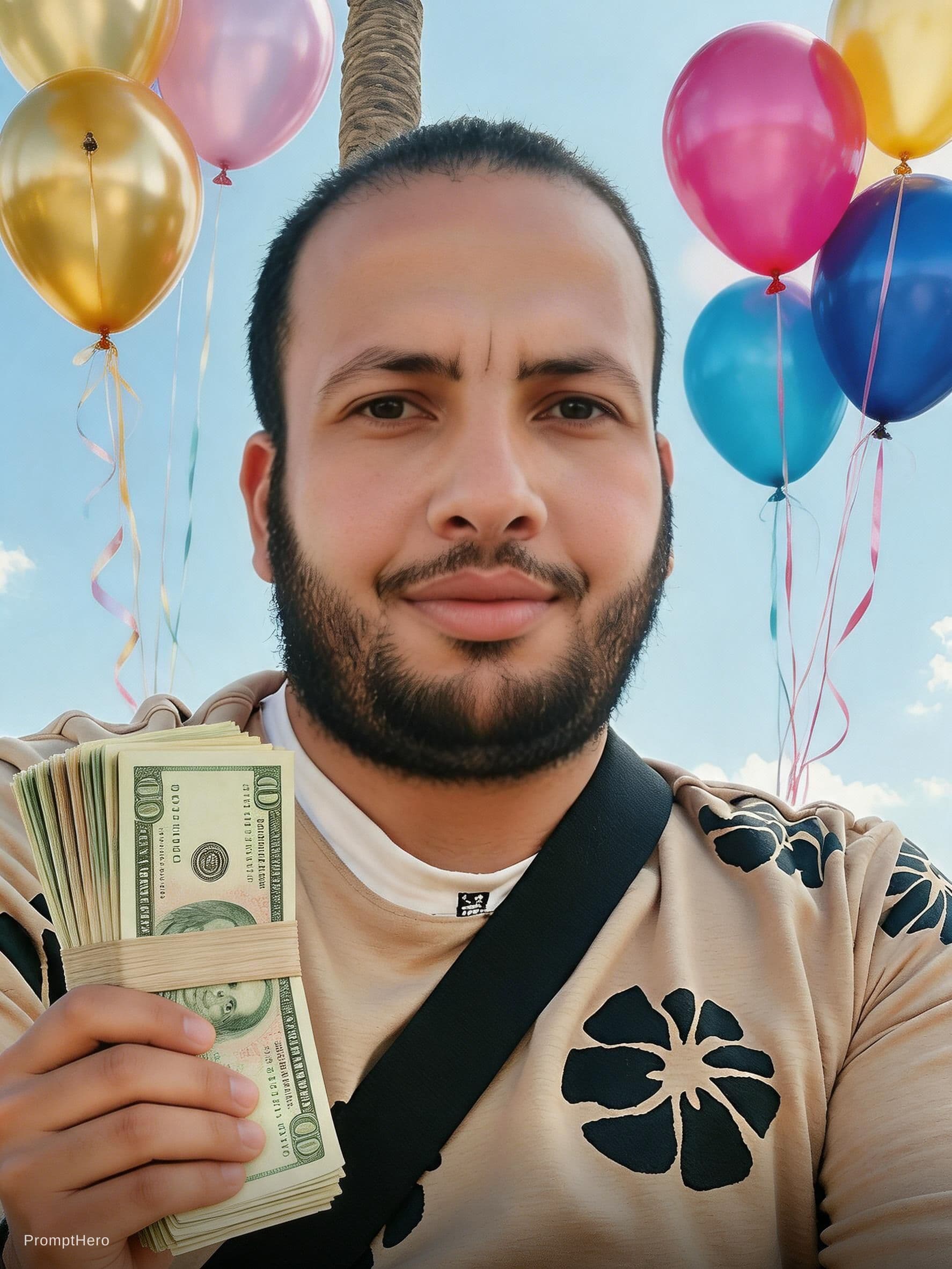 AI generated: A birthday photo with balloons decorations and photo of me holding naira banquet 
