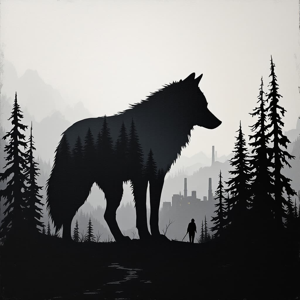 AI generated: oil painting, cardboard like silhouette of a wolf, head down, low tail, inside wolf silhouette, outl...