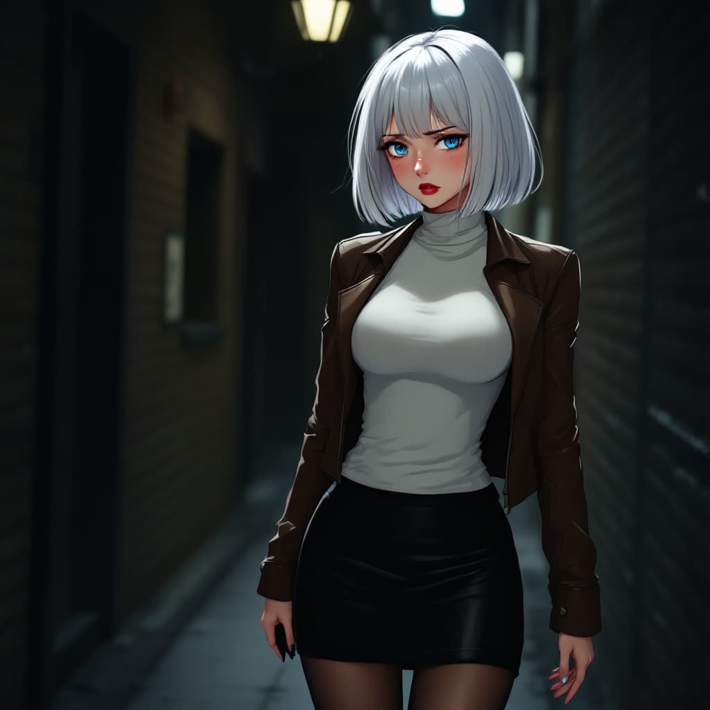 AI generated: anime, woman, white hair, bob cut, straight bangs, blue eyes, freckles, red lips, white sweater, tig...