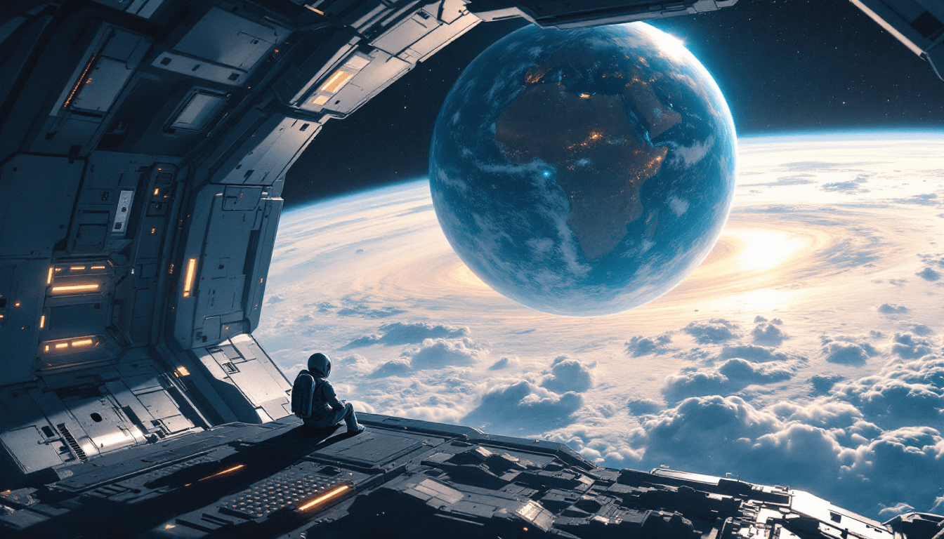 AI generated: illustration, sci-fi concept, small futuristic astronaut sitting at the threshold of a gigantic spac...