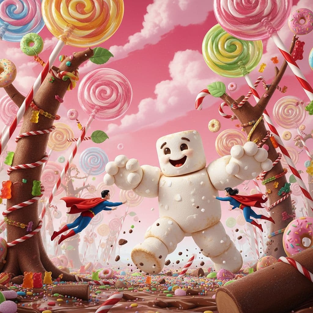 AI generated: Two superheroes resembling Superman and Supergirl are flying through a forest of giant lollipops, ca...