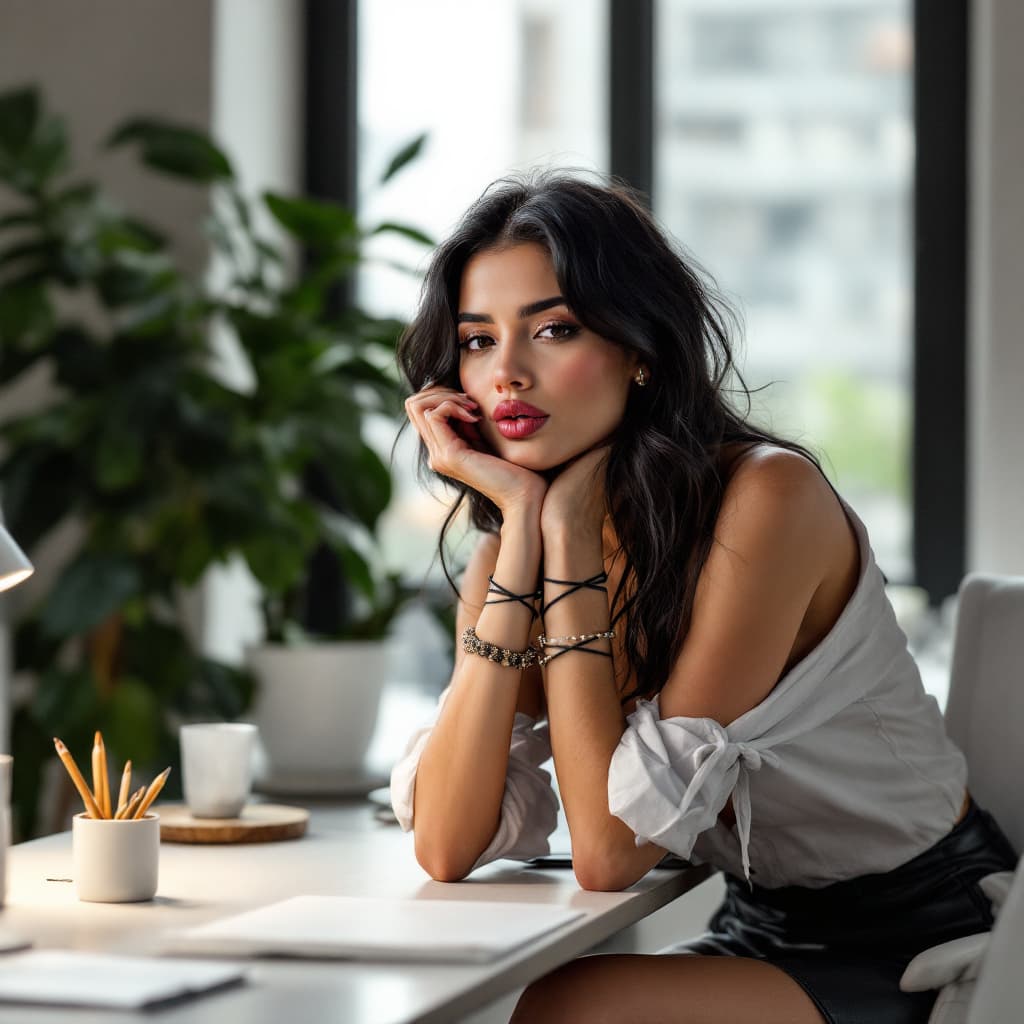 AI generated: sexy woman resting his elbows on the desk., sending a kiss, leather miniskirt, white shirt tied with...