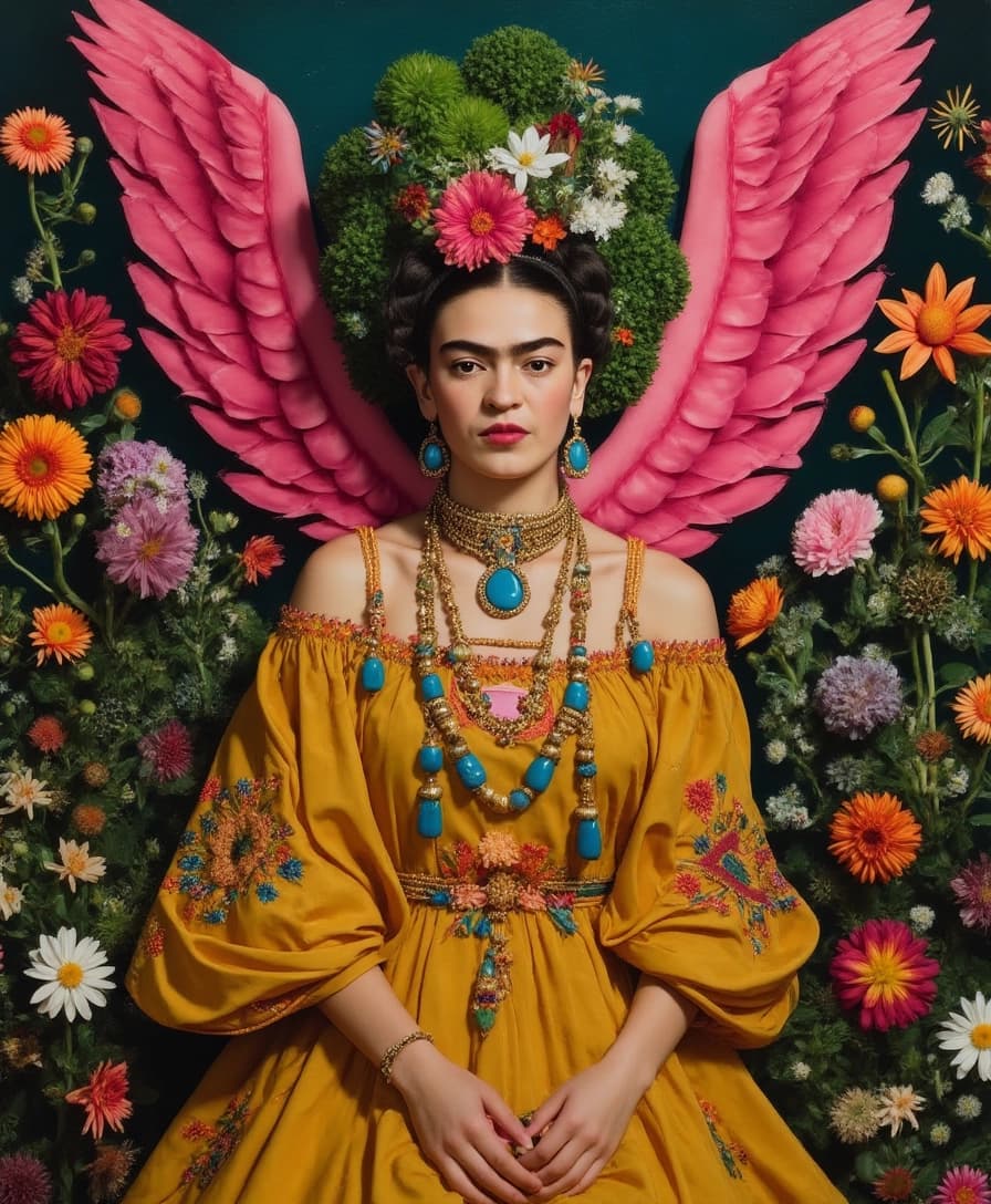 AI generated: A vibrant and detailed oil painting that features Frida Kahlo with elaborate flower arrangements and...