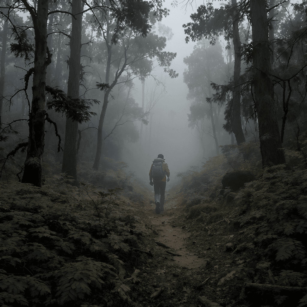 AI generated: Bosque denso con neblina. Joven entra caminando con mochila, cámara en travelling frontal.