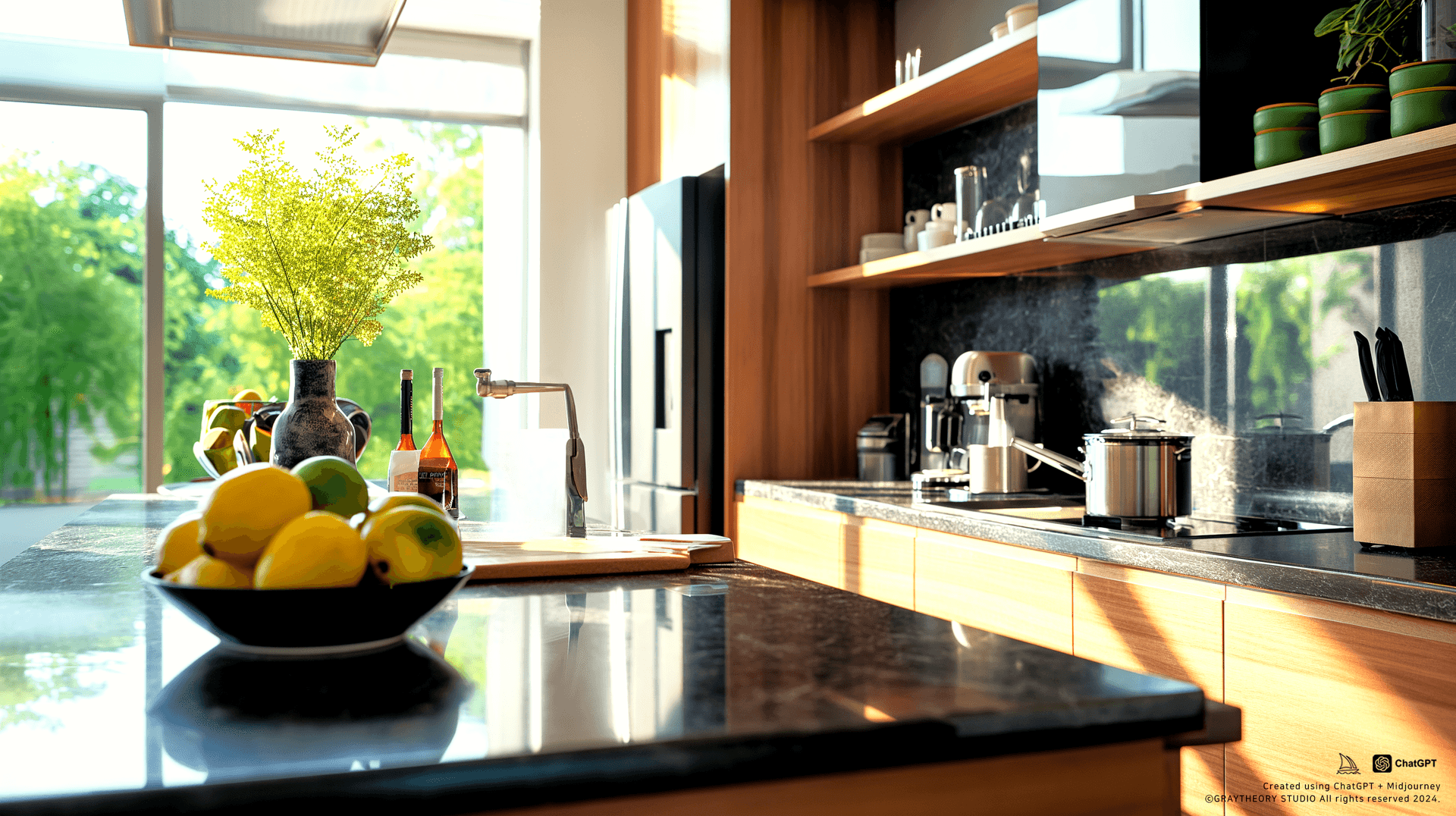 AI generated: front view, Create a contemporary kitchen using a Sony A7 III, 35mm f/2.8 lens. Highlight sleek blac...