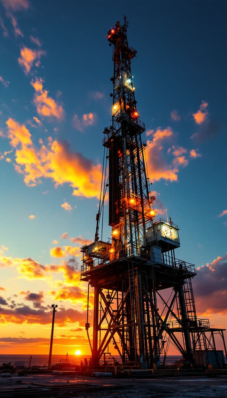 AI generated: oil rig derrick, golden hour lighting

