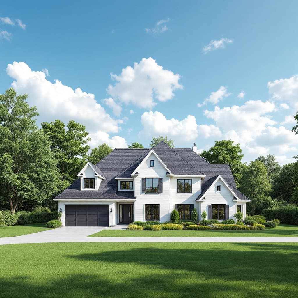 AI generated:  ultra realistic photograph of high-end Residential house with a new roof. nature background , blue ...