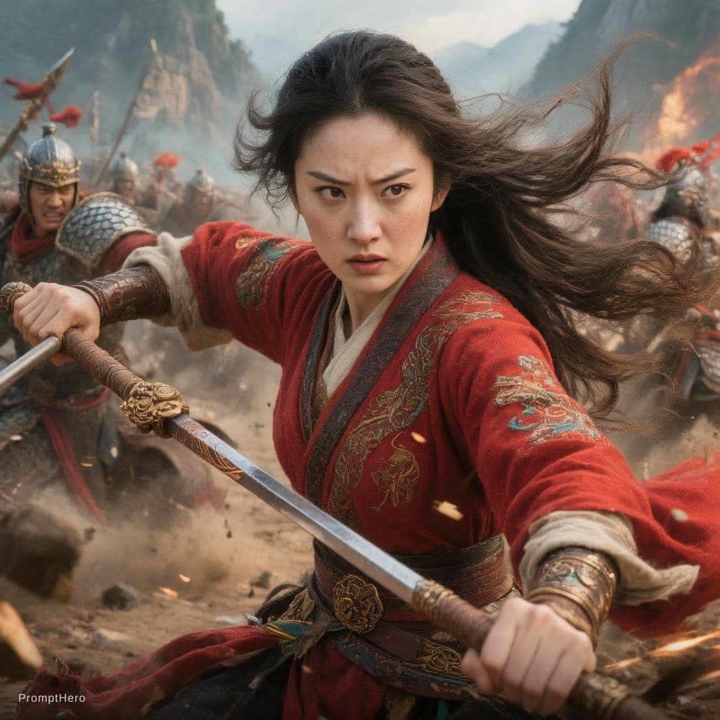 AI generated: Mulan, traditional Chinese attire, battle scene, holding a long stick, high-resolution photography, ...
