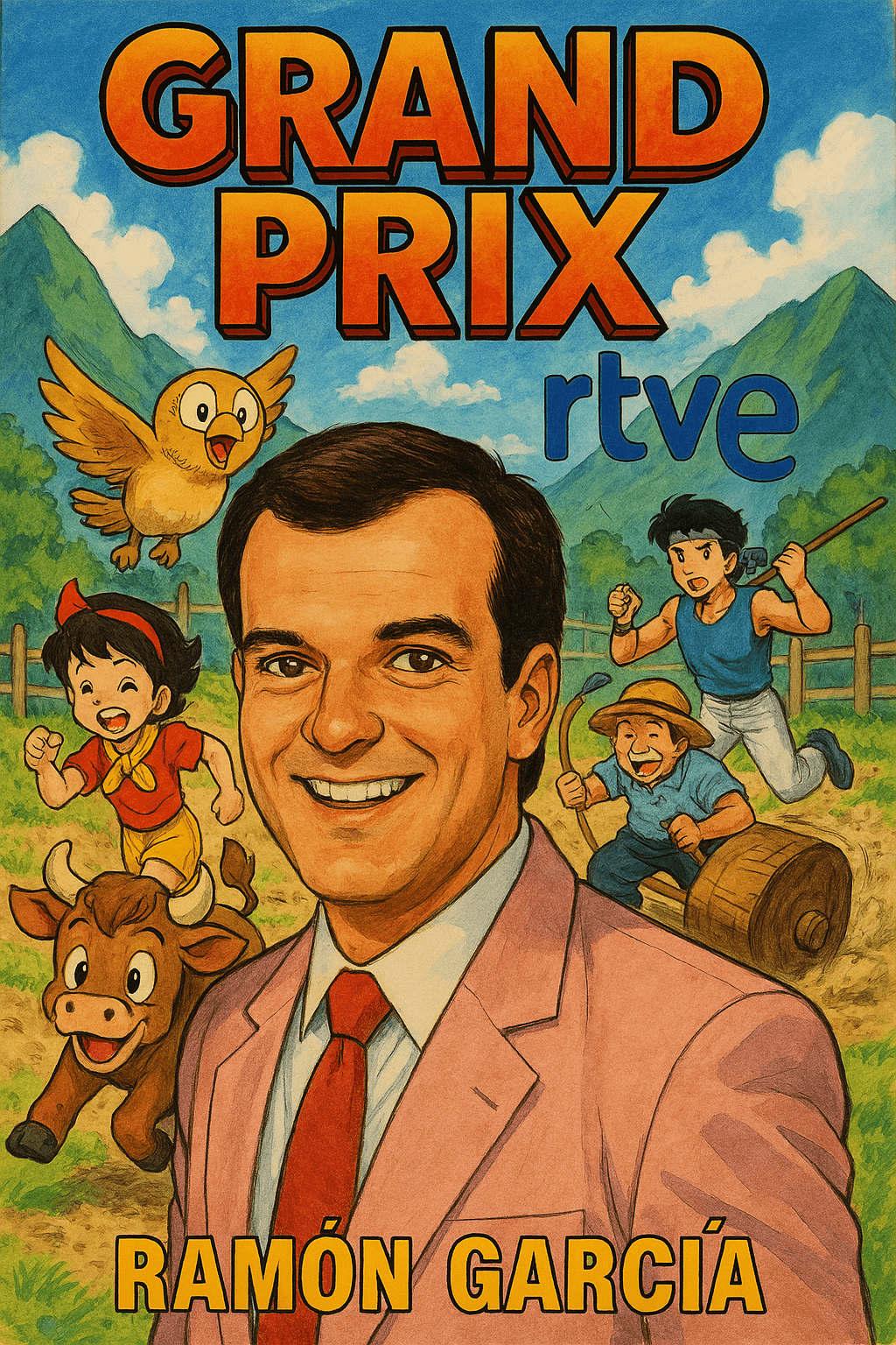 AI generated: 1980s japanese anime poster art for Grand Prix in RTVE with Ramon Garcia
