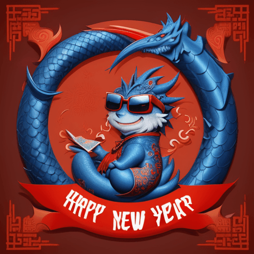 AI generated: a blue dragon with sunglasses and korean cloth, light orange and red, write text: "2024 Happy new ye...