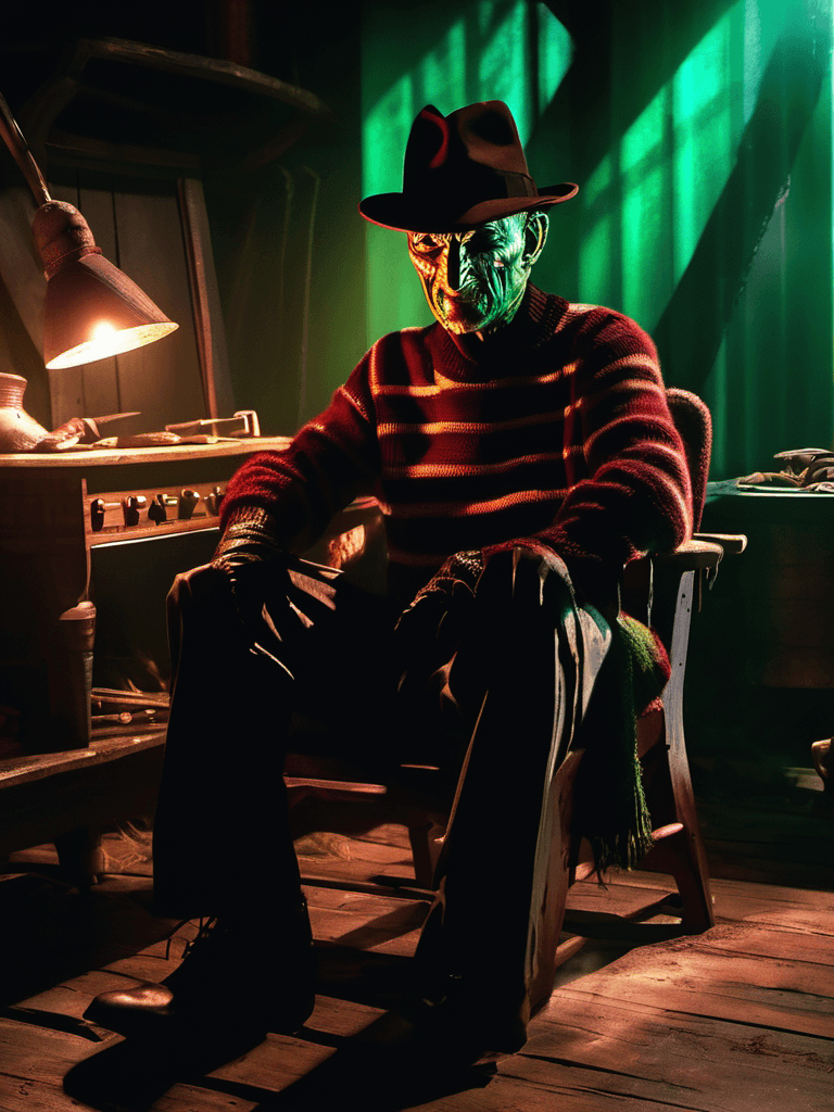 AI generated: Freddy Krueger, a menacing figure with a burned face and a glove armed with razors, sit in a chair o...
