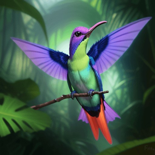 AI generated: Psychedelic colibri, pixar style, feeding itself on a beautiful tropical flower in a dense rainfores...
