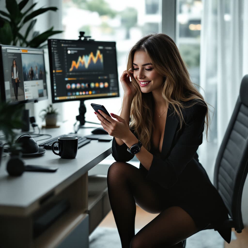 AI generated: A photorealistic image of a cheerful girl in office, portrait of a woman kneeling, long hair, black ...