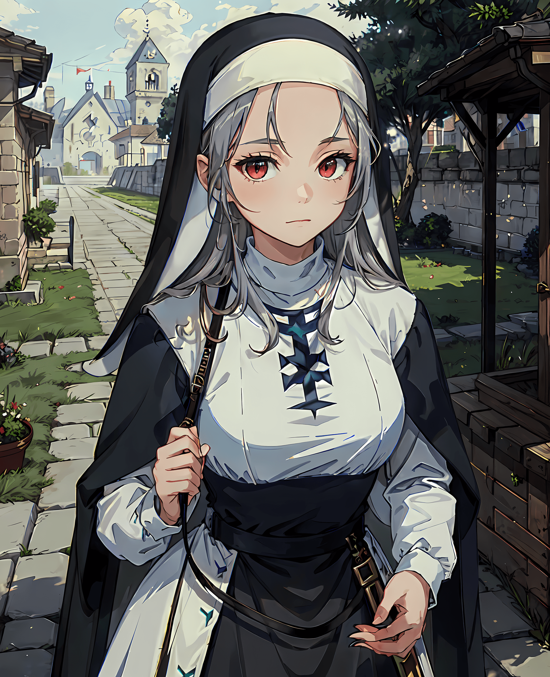 AI generated: (masterpiece, best quality:1.2), 1girl, solo, (platinum long straight hair:1.3), bangs, long sleeves...