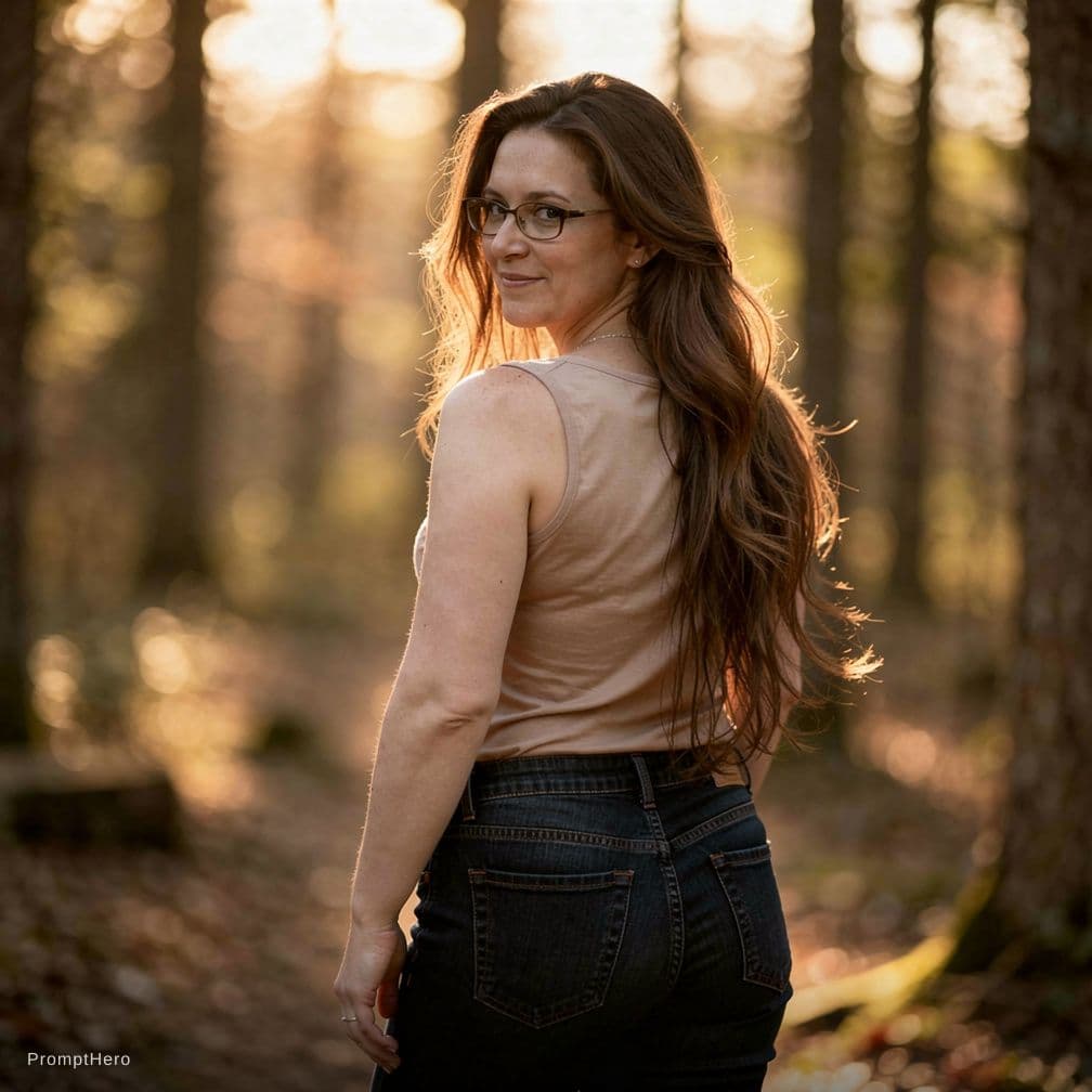 AI generated: A fit adult woman with long brown hair stands in a natural outdoor setting, her back to the viewer w...