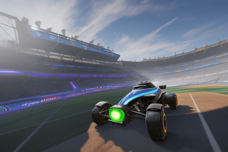 AI generated:  arène de la Rocket League débordante d'énergie, voitures planant haut, tentatives de prises de vue ...