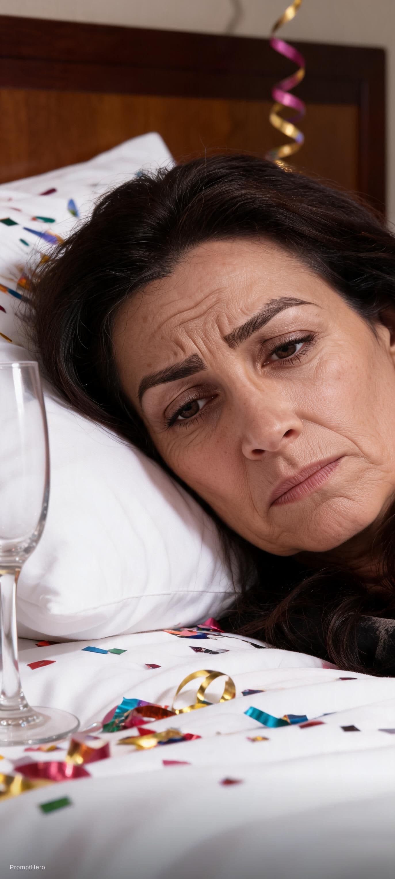 AI generated: Depressive sad woman 60years, lying on bed hotel after party, (sharp focus, smooth, aesthetic, extre...