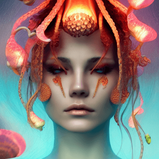 AI generated: Goddess close-up portrait ribcagel. jellyfish phoenix head, nautilus, orchid, skull, betta fish, bio...