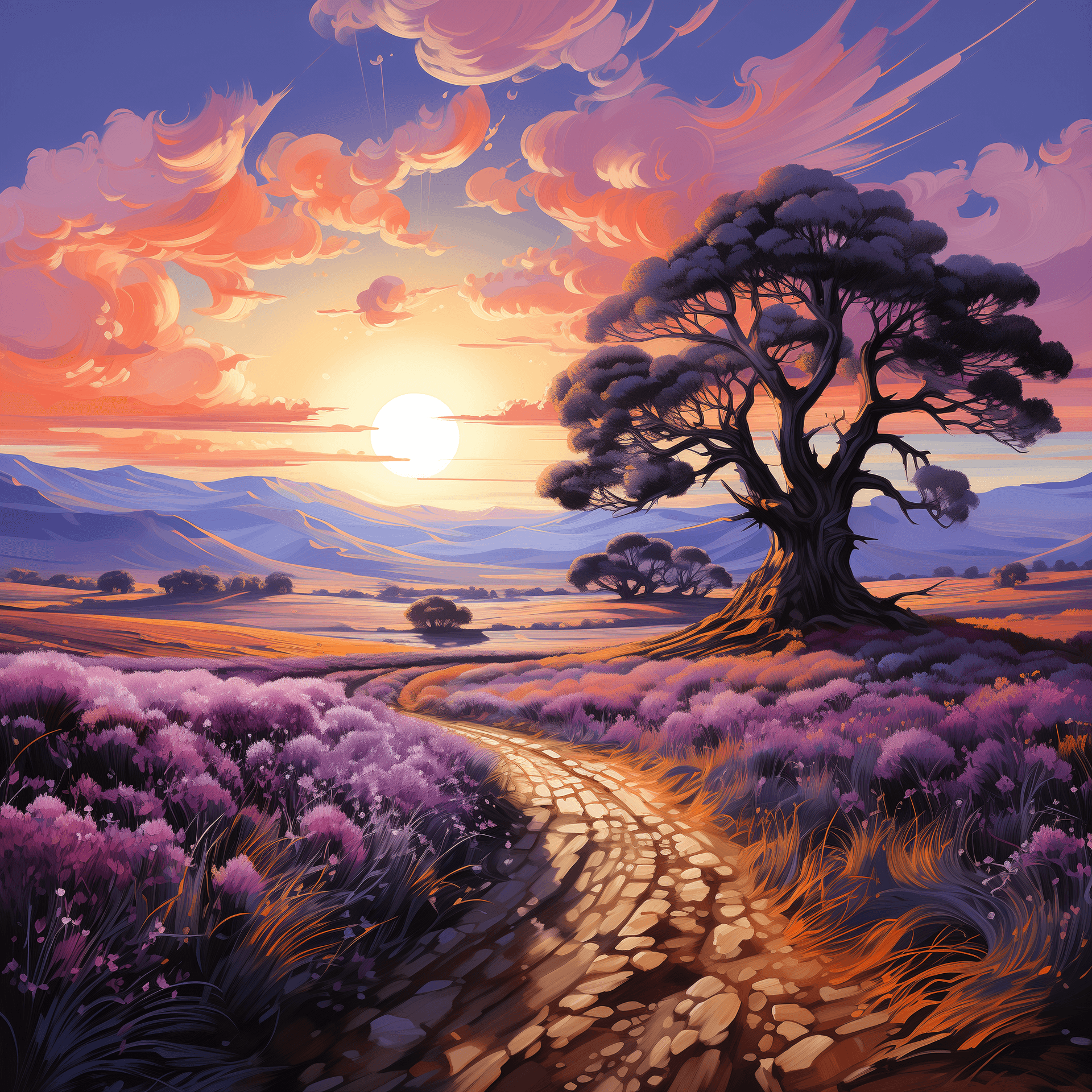AI generated: Envision a sprawling lavender field at sunrise, the horizon a tapestry of soft purples, pinks, and b...