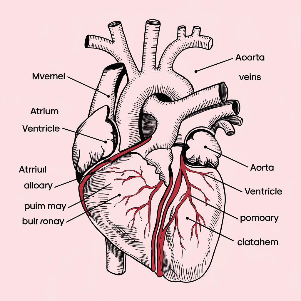 AI generated: Realiza un dibujo del corazón en el que se vean sus cavidades, sus válvulas y los vasos sanguíneos q...
