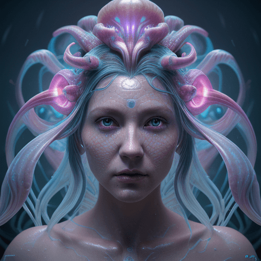 AI generated: Goddess close-up portrait ribcagel. jellyfish phoenix head, nautilus, orchid, skull, betta fish, bio...