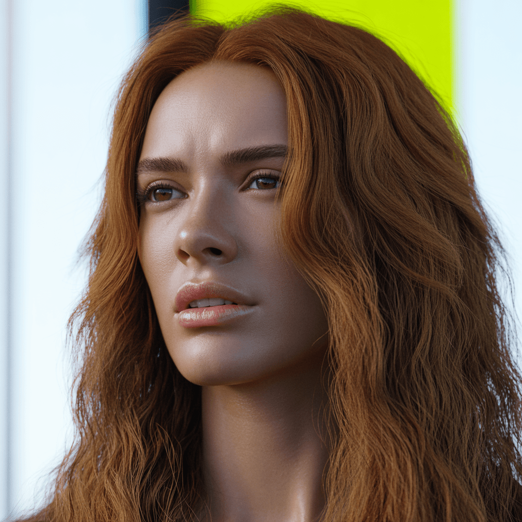 AI generated: A close-up portrait of a woman with vibrant light brown long wavy hair, captured in ultra-realistic ...
