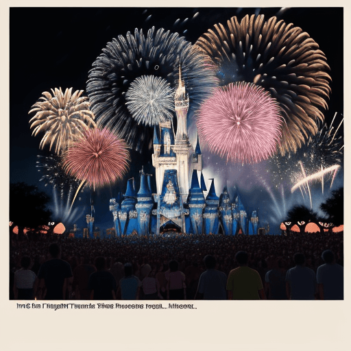 AI generated: "In the evening, crowds at Disney are enjoying a magnificent fireworks display.",comic




