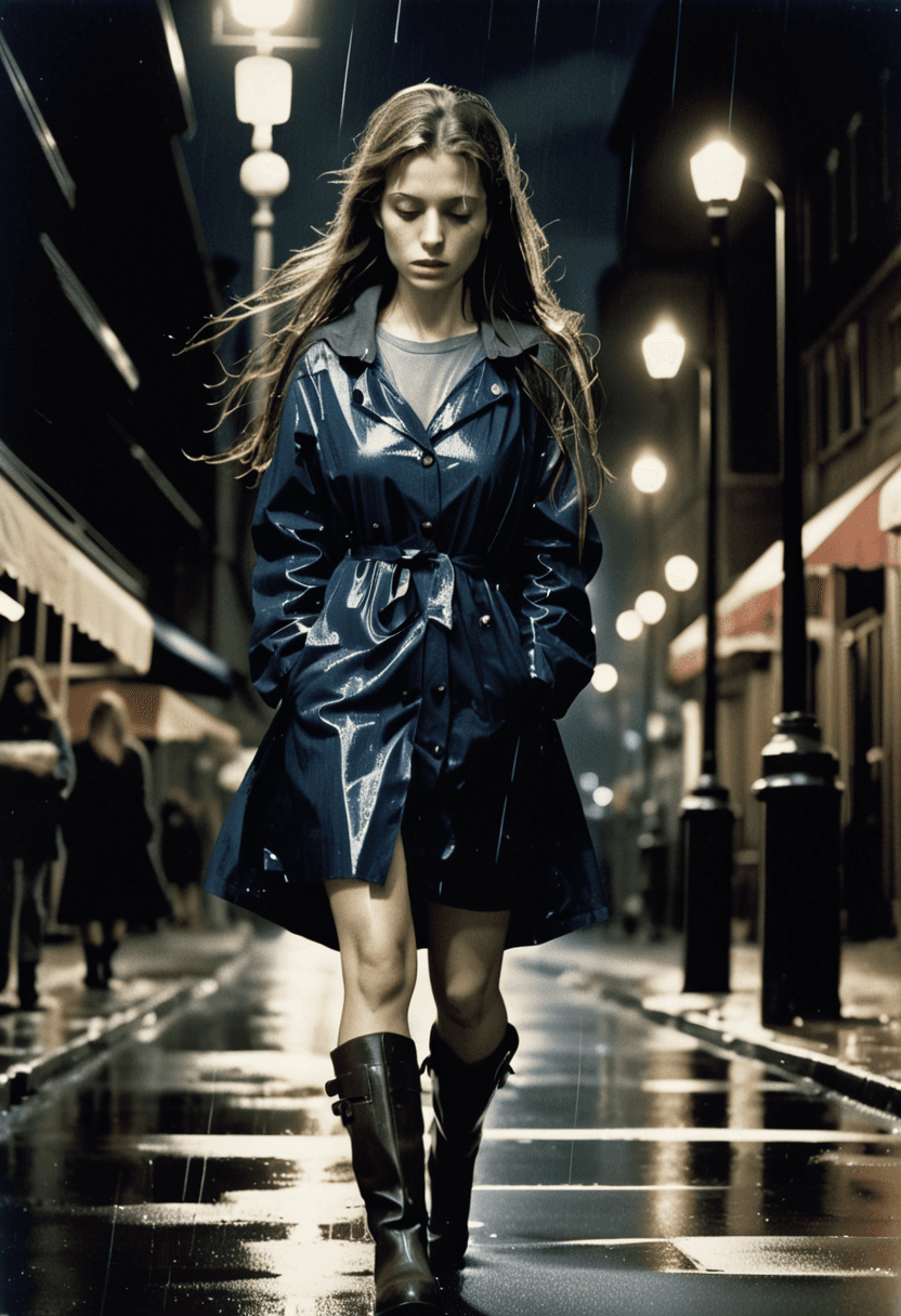 AI generated: analog film photo sad woman, walking on a sidewalk at night, long brunette hair blowing in the wind,...