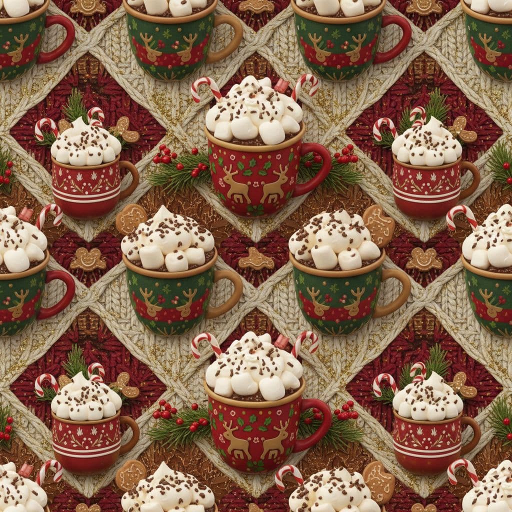 AI generated: Seamless hot cocoa mugs with marshmallows in festive 3D pattern.