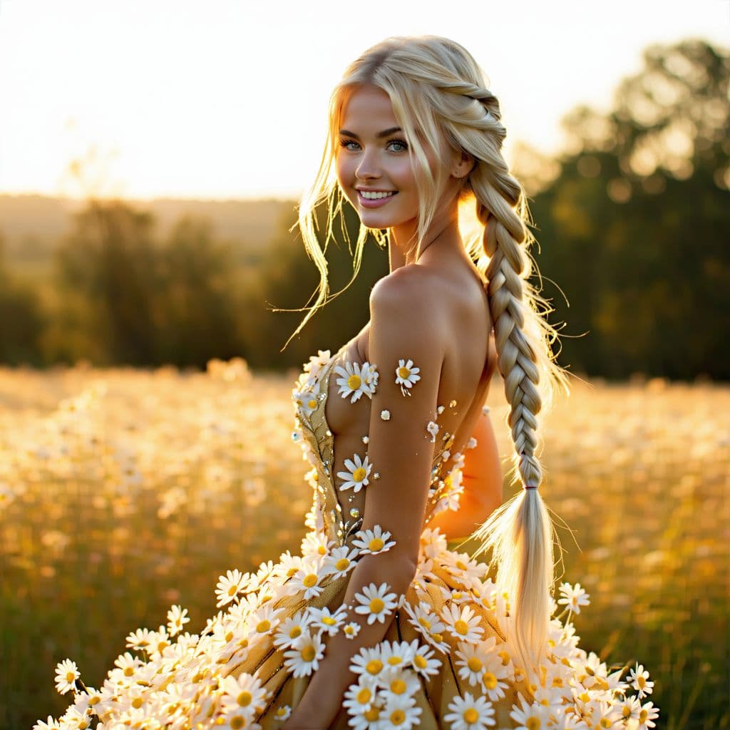 AI generated: A breathtaking photorealistic image of a beautiful blonde woman with a long, cascading braid. She is...