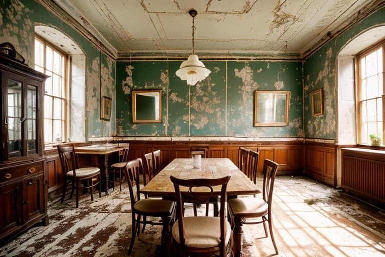 AI generated: raw photo of an empty upper-class restaurant, vintage, derelict, fancy, rotten shabby chic, old scho...