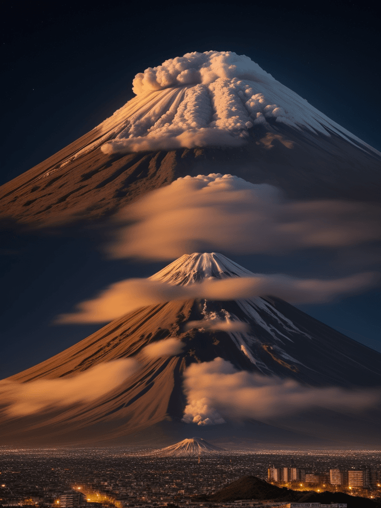 AI generated: foto de noche de la ciudad con el volcán popocatépetl