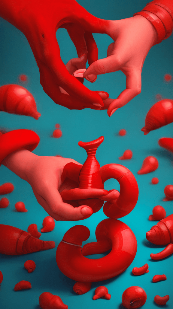 AI generated:  two hands bending down to reach a red object, in the style of vibrant compositions, snailcore, phot...