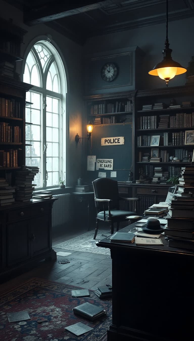AI generated: create a background of a Victorian Police station, make it dimly lit and atmospheric, bookshelves an...