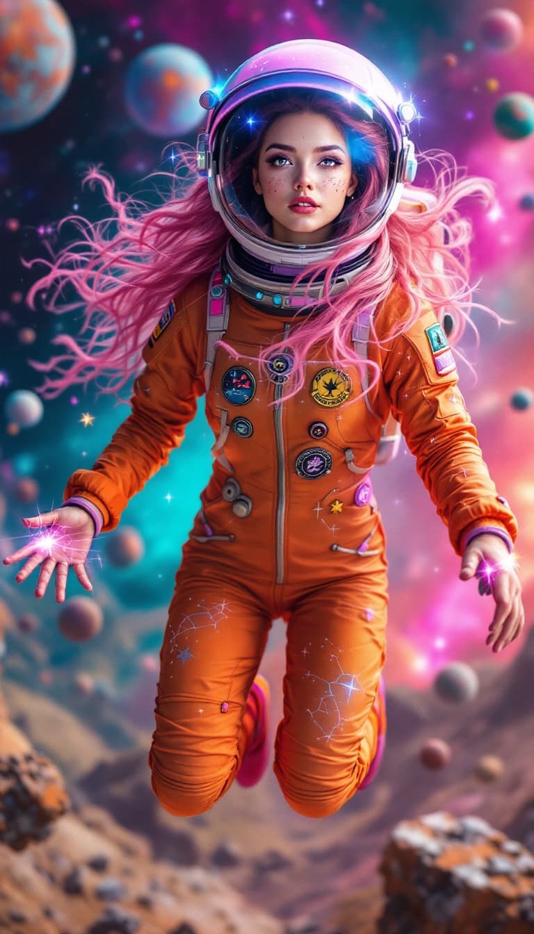 AI generated: An ultra-realistic, full-body action shot of a mesmerizing tangerine astronaut, exuding courage and ...