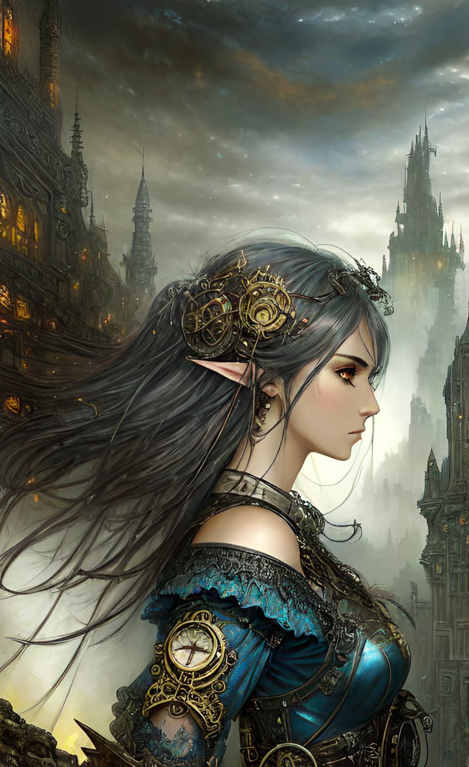 AI generated: ((A steampunk poster)) in the (final fantasy style of luis royo and H.R Giger)), of a wonderous ethe...