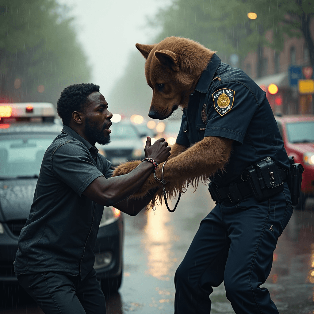 AI generated: dramatic emotional tension composition of policeman anthropomorphic dog with hairy paws in a worn we...