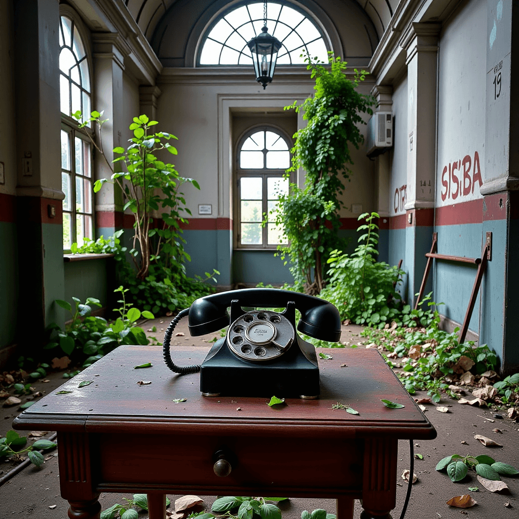 AI generated: Ein verstaubtes, rissiges WÃ¤hlscheibentelefon auf einem Schreibtisch in einem verlassenen, von Pfla...