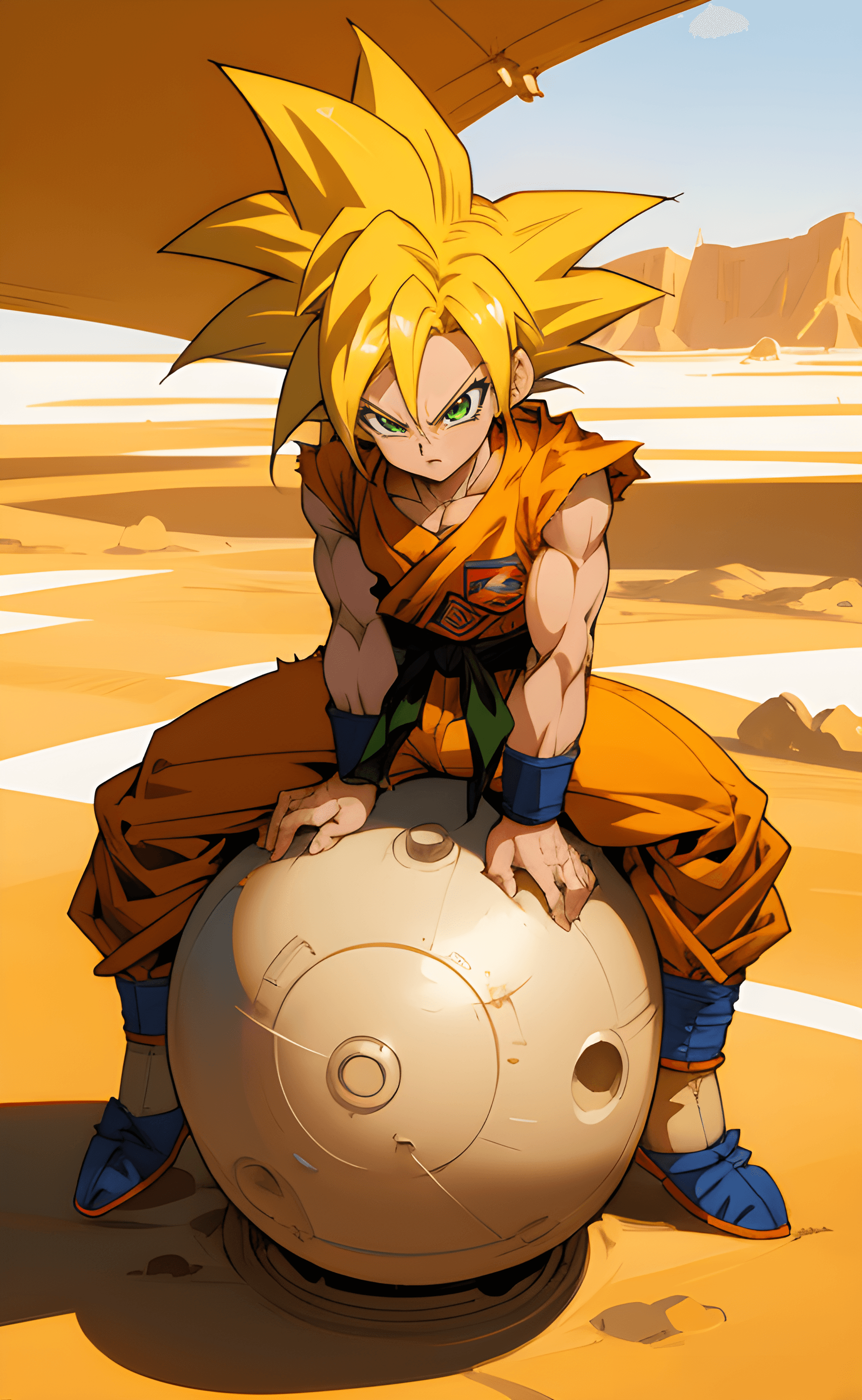 AI generated: Goku, draw anime style by Akira Toriyama, high-detailed, green eyes, punky style, future clothes sty...