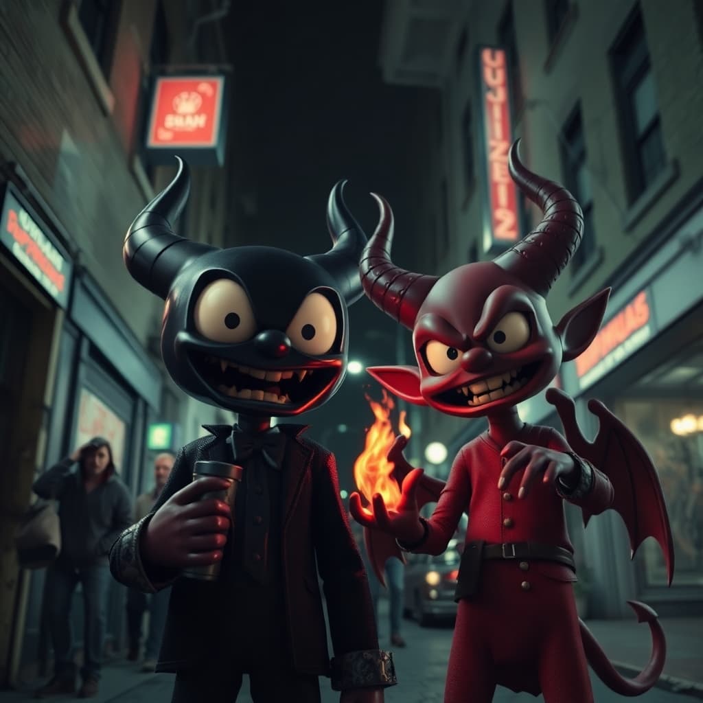 AI generated: Candid street photography style depicting an eerie, creepy atmosphere. 3D render of Cuphead and the ...