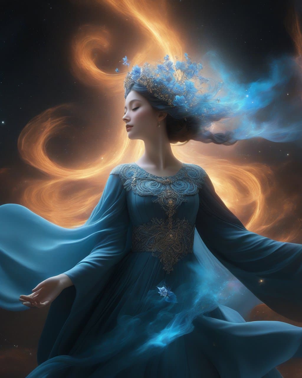 AI generated: raytraced render and digital painting of humans transforming into ethereal modest biological gods we...