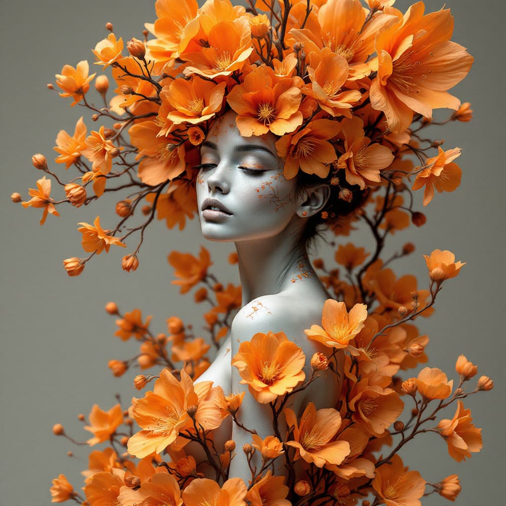 AI generated: 3d stunning woman in flowers with human and flower shaped branches,orange in the style of medical im...