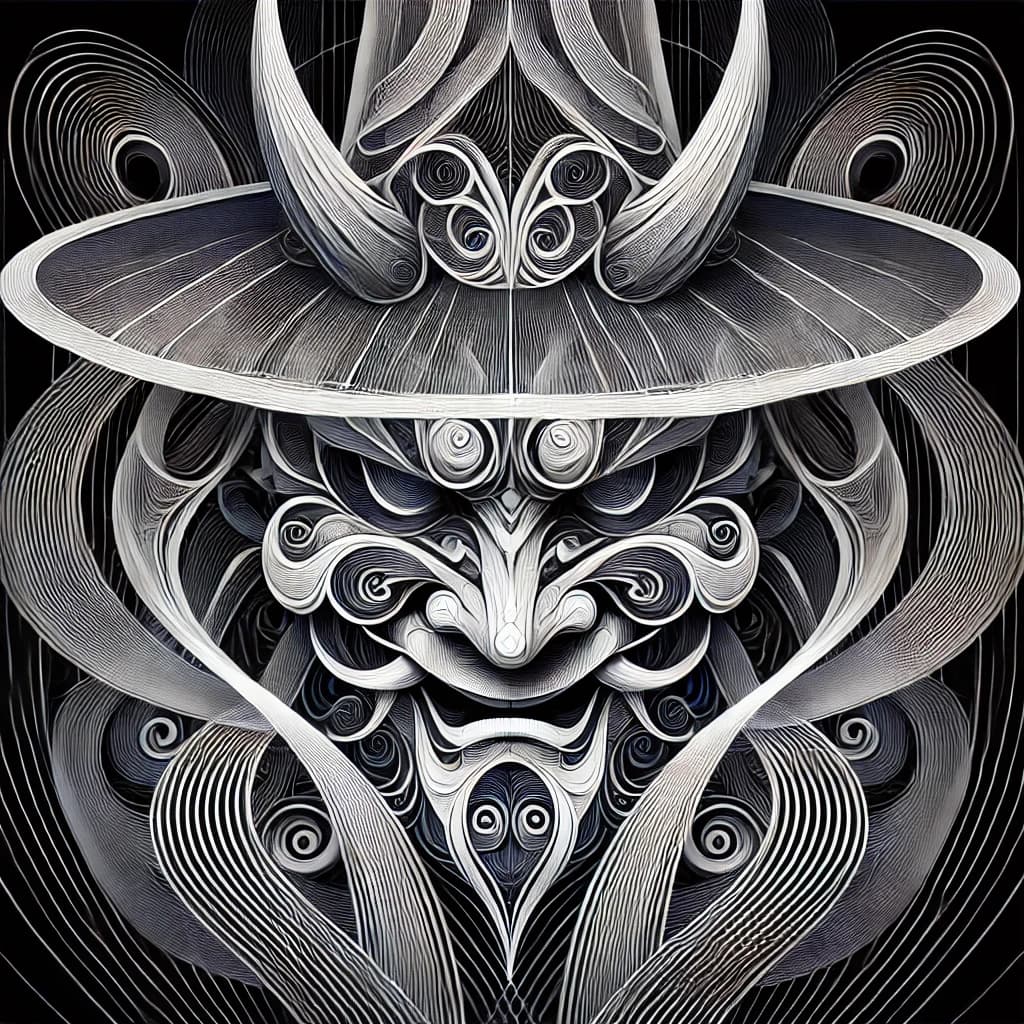 AI generated: 화 (話) 회 (回) 탈. Linguistic rotational masks by Incredibism.
