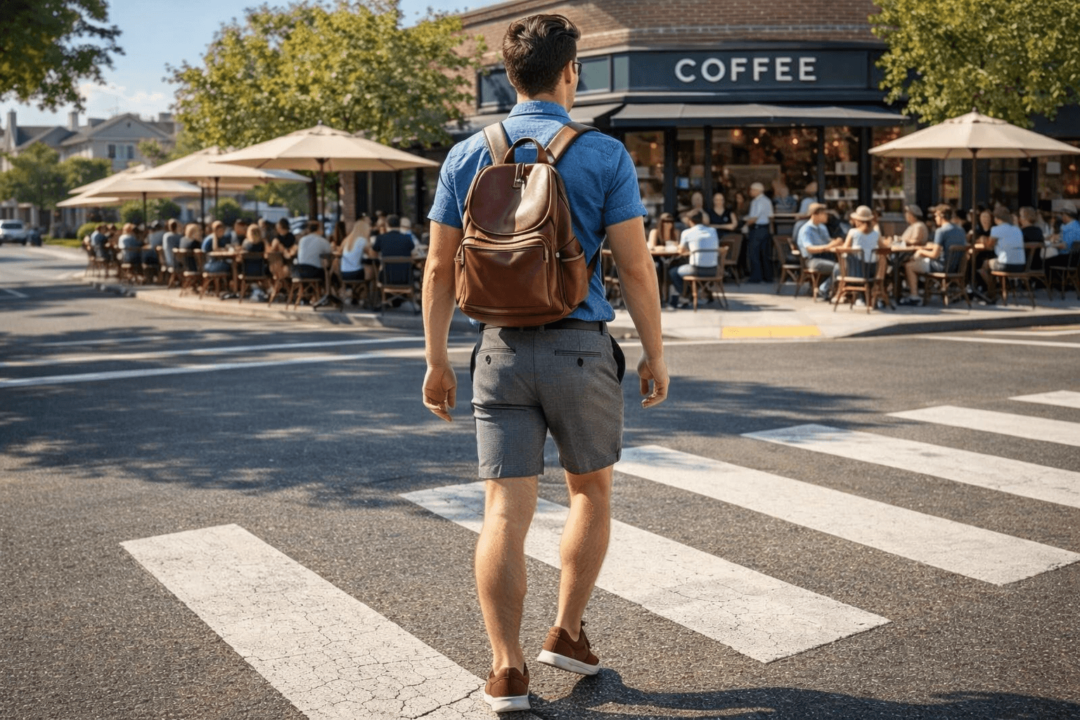 AI generated: In a sunny morning at a nice neighborhood. The model is crossing the street towards a large-one full...