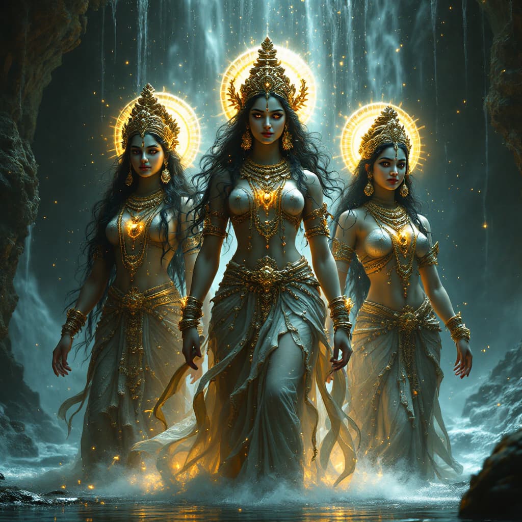 AI generated: Imagine Goddess Durga, Saraswati, and Lakshmi standing together, united in divine harmony, each embo...